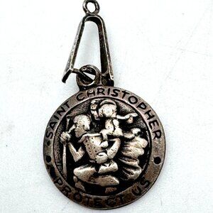 Saint Christopher Protect Us Vintage Sterling Silver Charm and Bail 7/8"